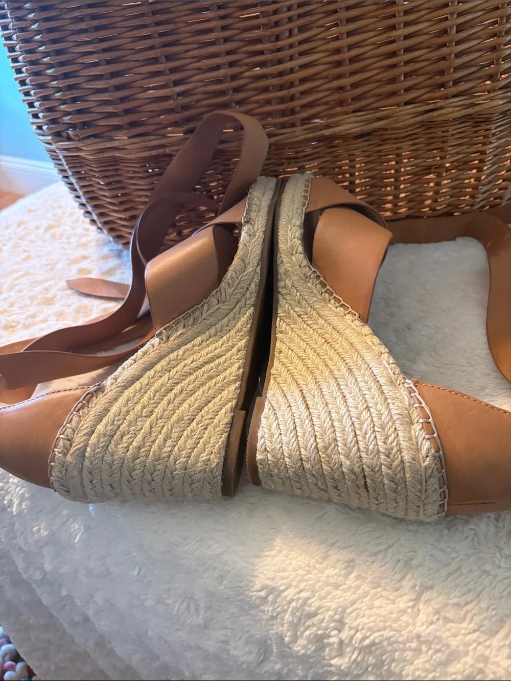 Vince Camuto Cognac Leather Crisscross Espadrille Lace Up Wedge Sandals (9.5)